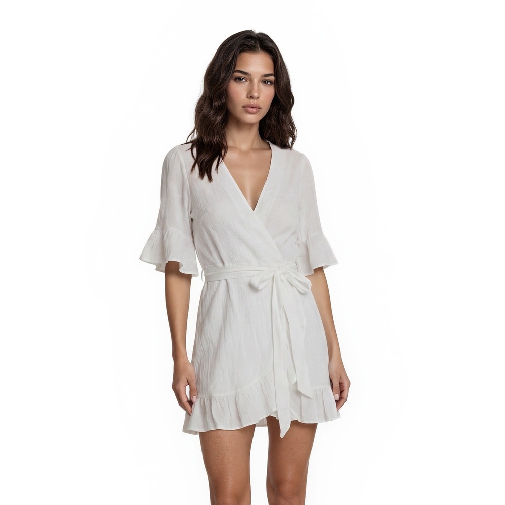 NEW Bebe Linen Blend Wrap Dress Women's Size Large‎ White Ruffle Bell Sleeve